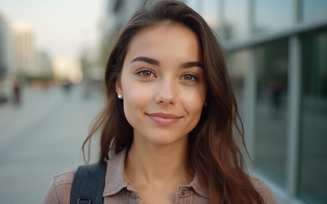 Photo d'une femme souriante avec de longs cheveux bruns